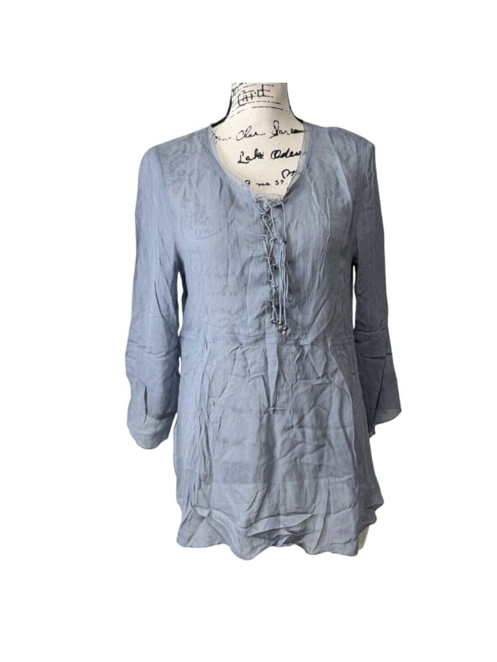 Wrap London Womens US Size 8 Top Blue Boho Tunic Lace-Up Front & 3/4 Sleeves NEW